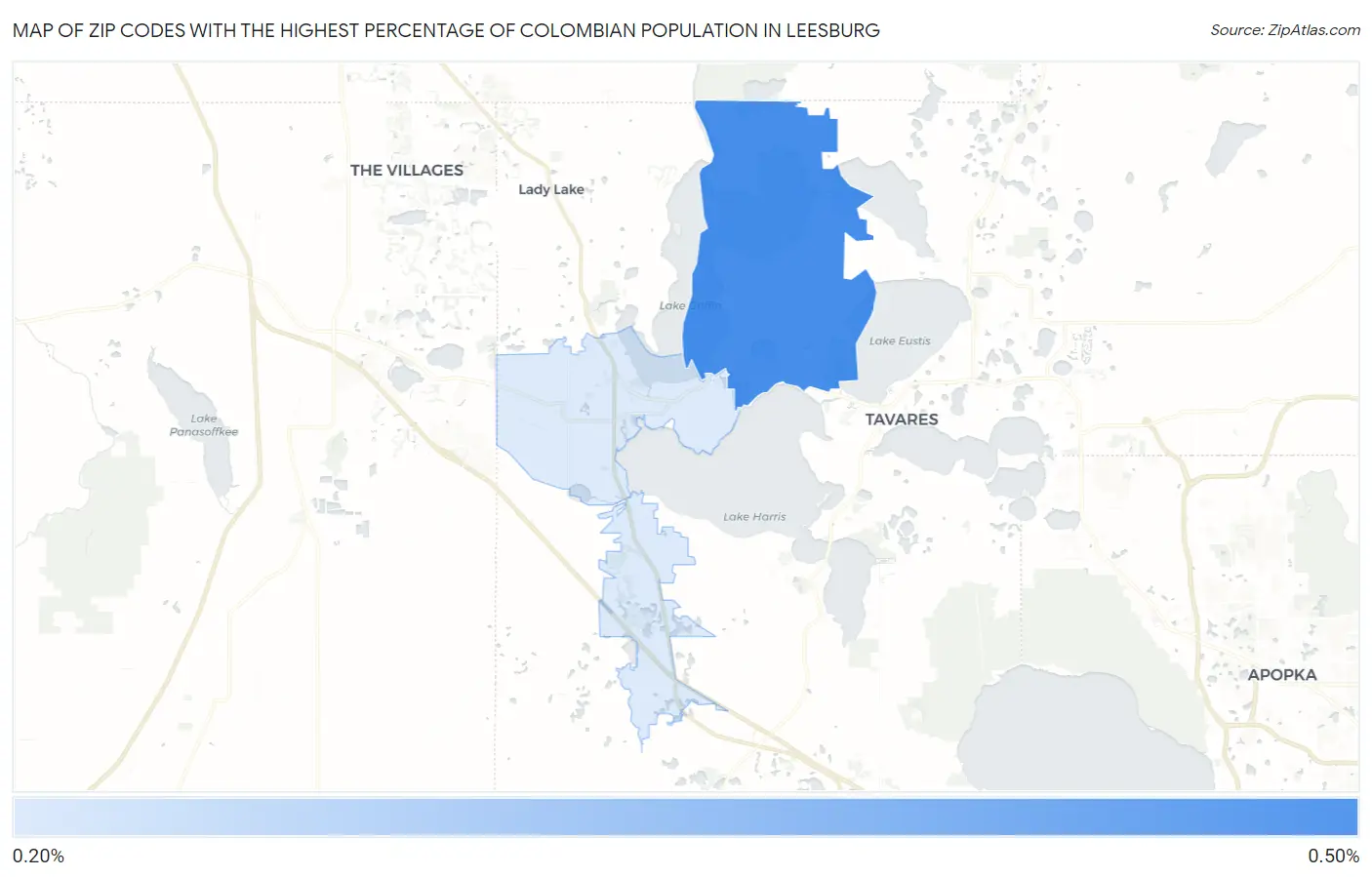 Zip Codes with the Highest Percentage of Colombian Population in Leesburg Map