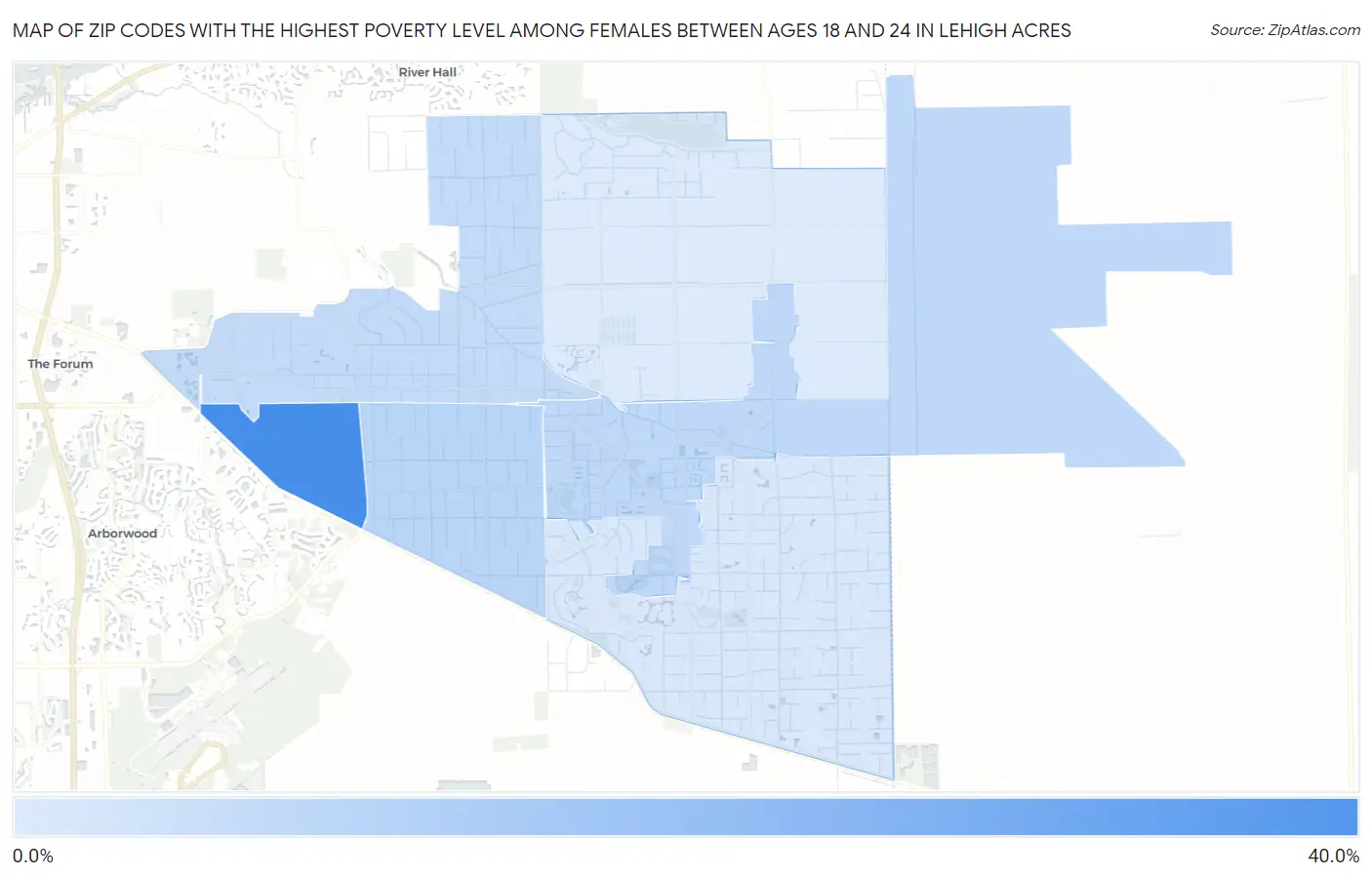 Zip Codes with the Highest Poverty Level Among Females Between Ages 18 and 24 in Lehigh Acres Map