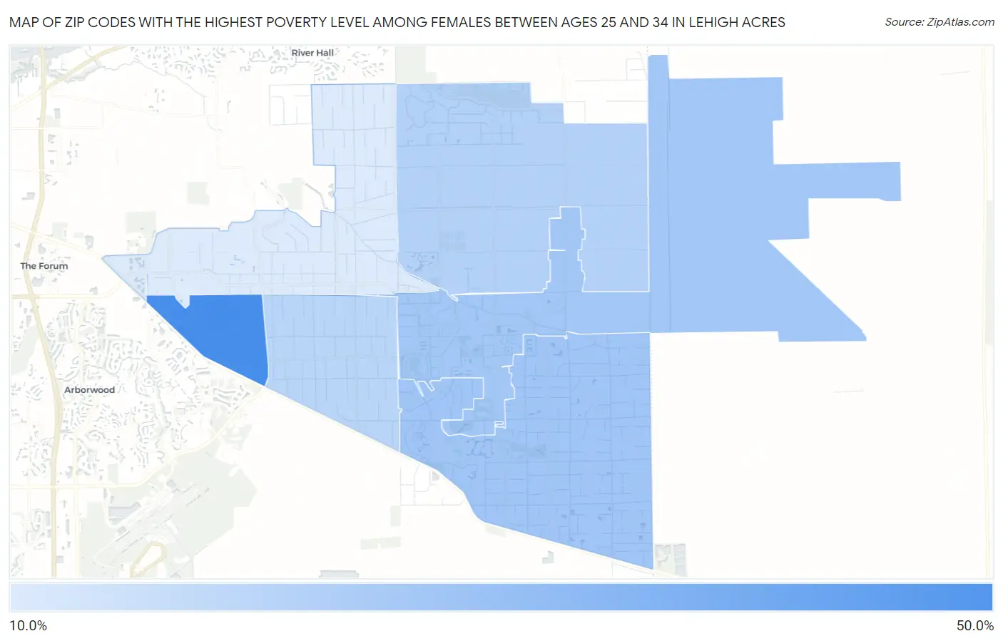 Zip Codes with the Highest Poverty Level Among Females Between Ages 25 and 34 in Lehigh Acres Map