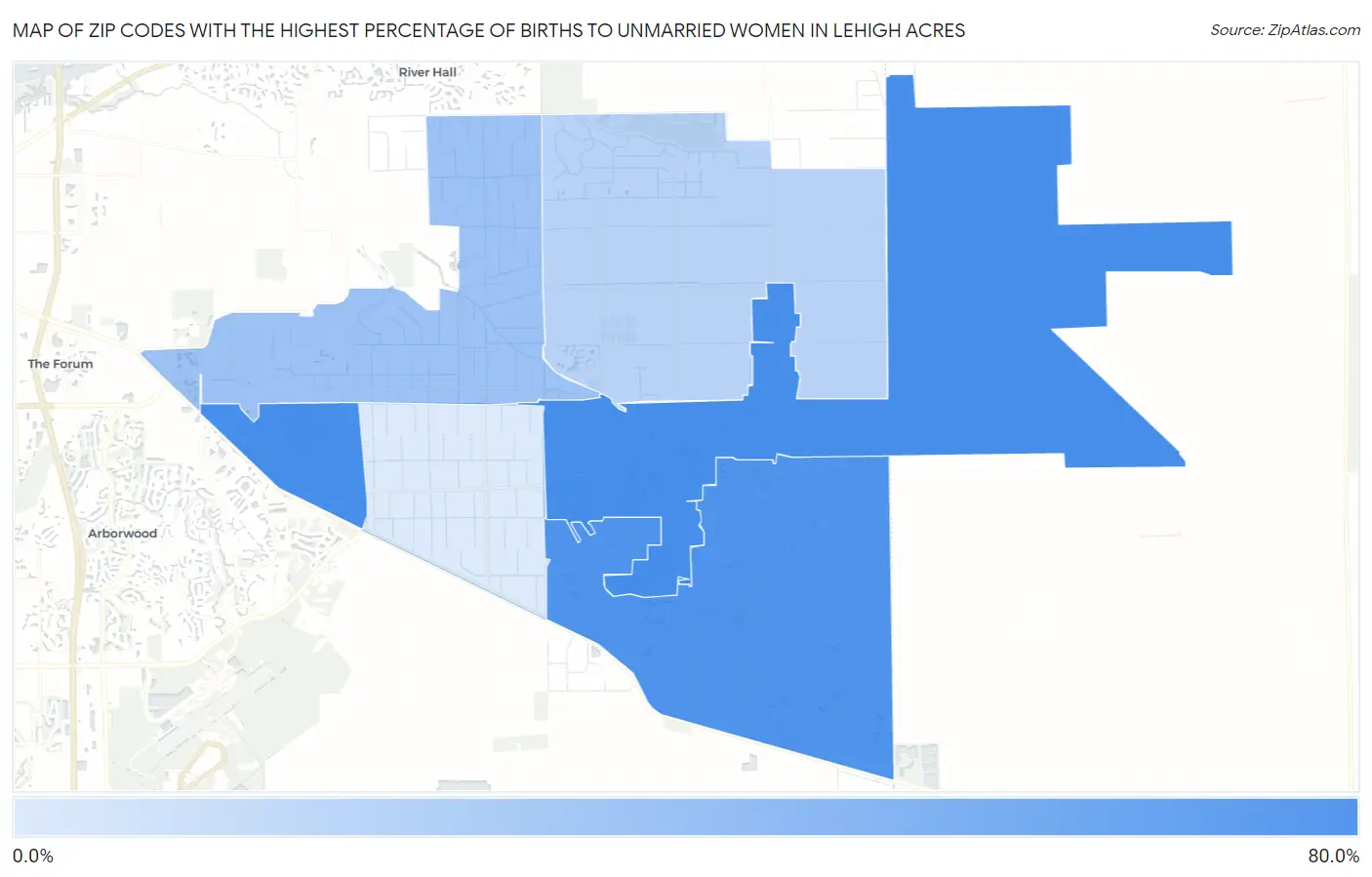 Zip Codes with the Highest Percentage of Births to Unmarried Women in Lehigh Acres Map