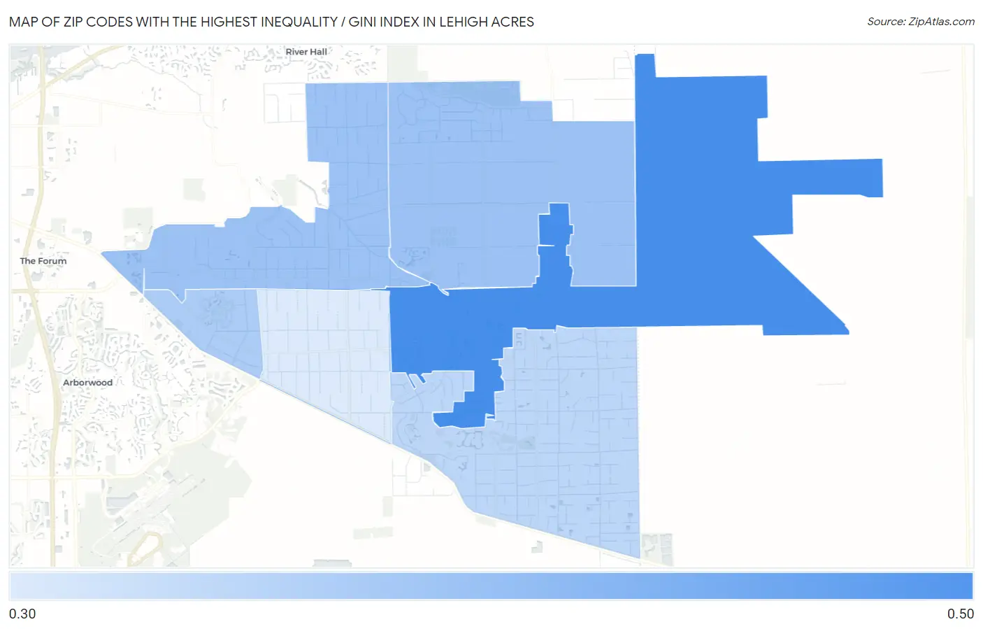 Zip Codes with the Highest Inequality / Gini Index in Lehigh Acres Map