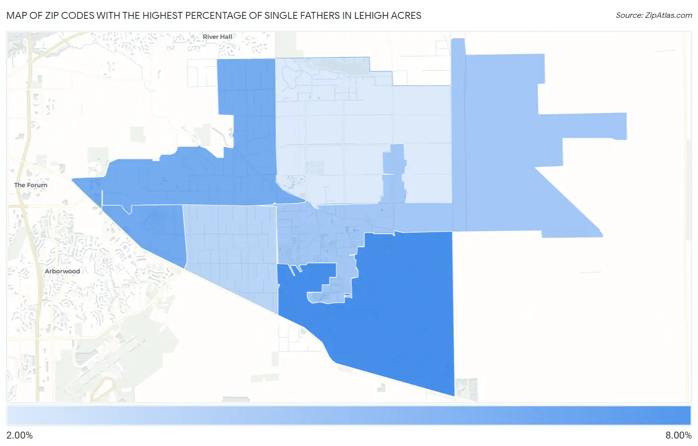 Zip Codes with the Highest Percentage of Single Fathers in Lehigh Acres Map