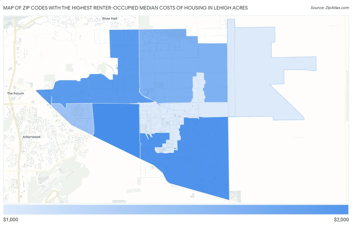 Zip Codes with the Highest Renter-Occupied Median Costs of Housing in Lehigh Acres Map