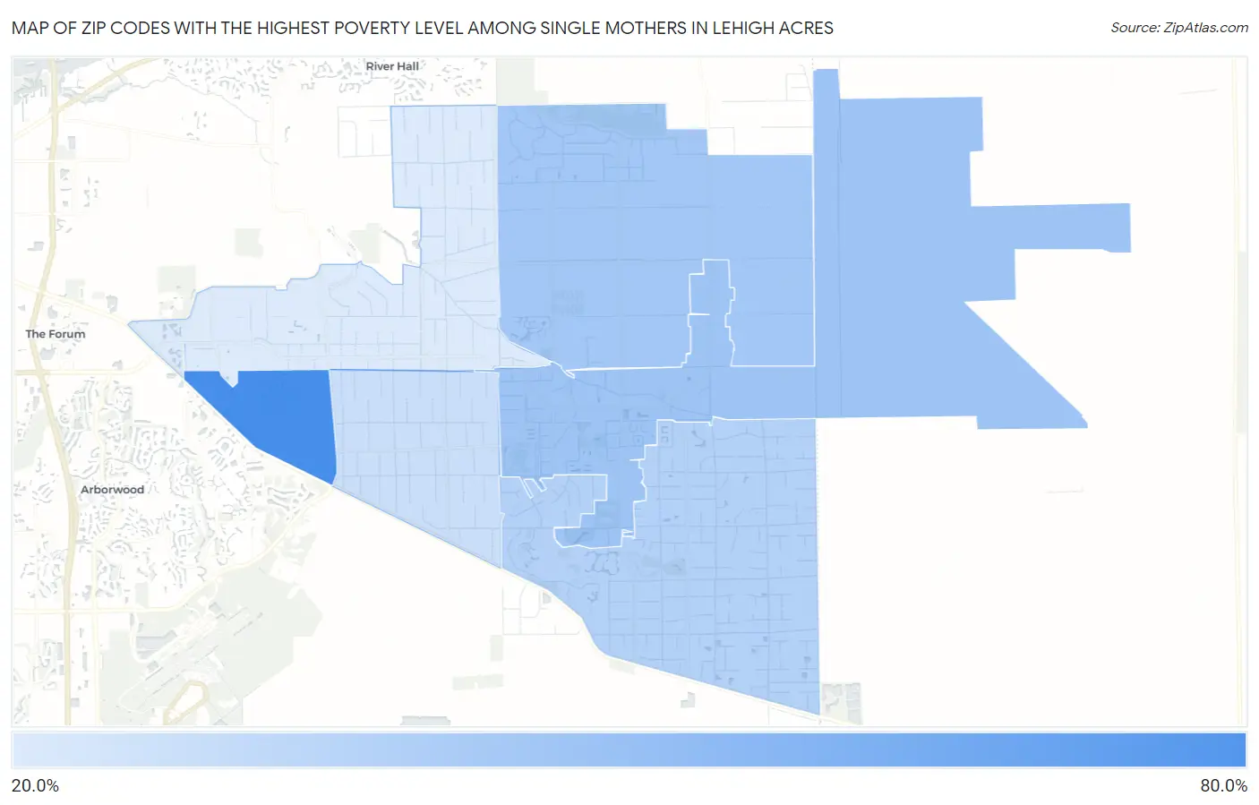 Zip Codes with the Highest Poverty Level Among Single Mothers in Lehigh Acres Map