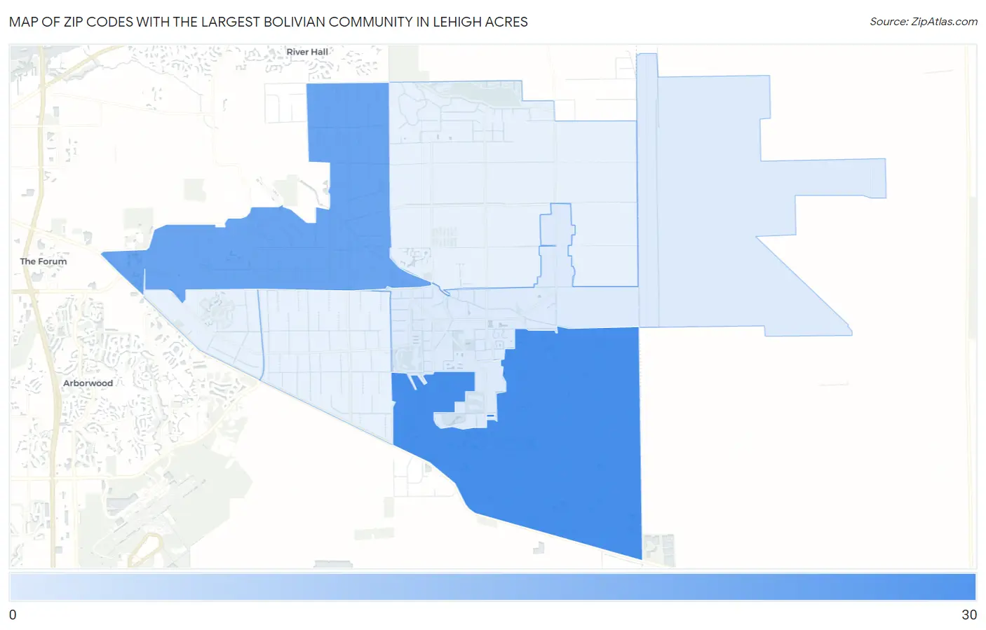 Zip Codes with the Largest Bolivian Community in Lehigh Acres Map