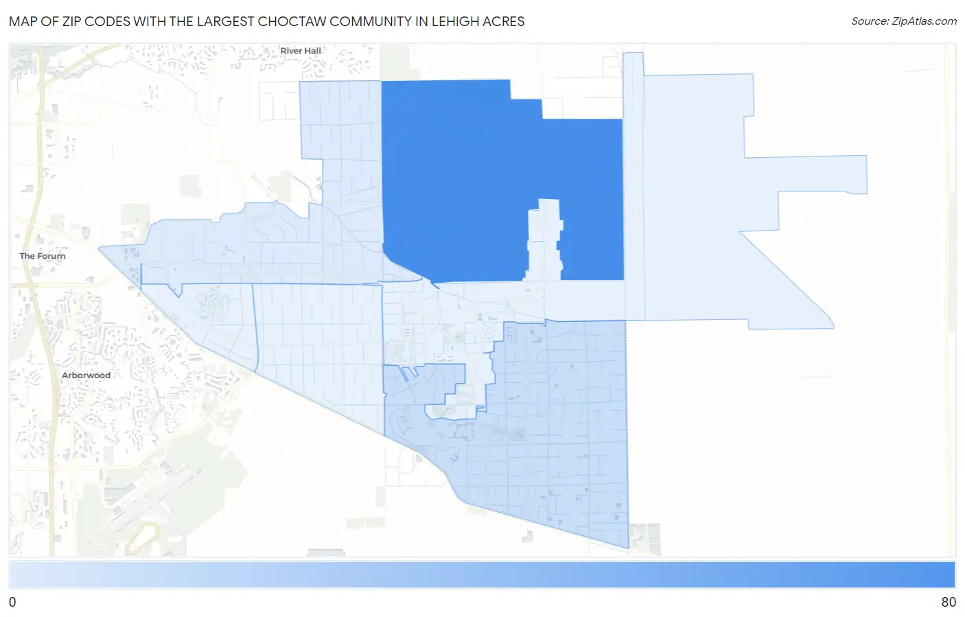Zip Codes with the Largest Choctaw Community in Lehigh Acres Map