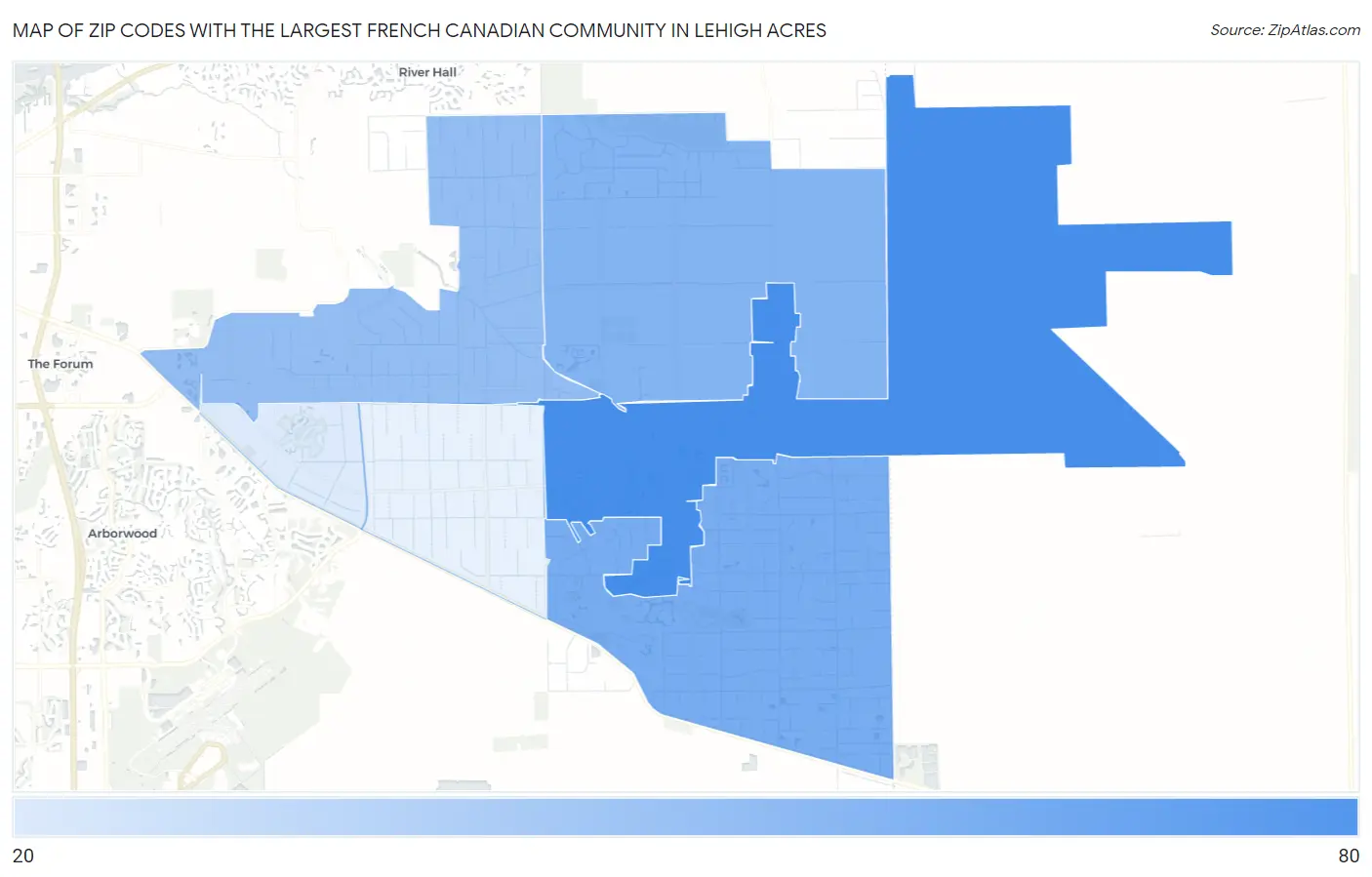 Zip Codes with the Largest French Canadian Community in Lehigh Acres Map