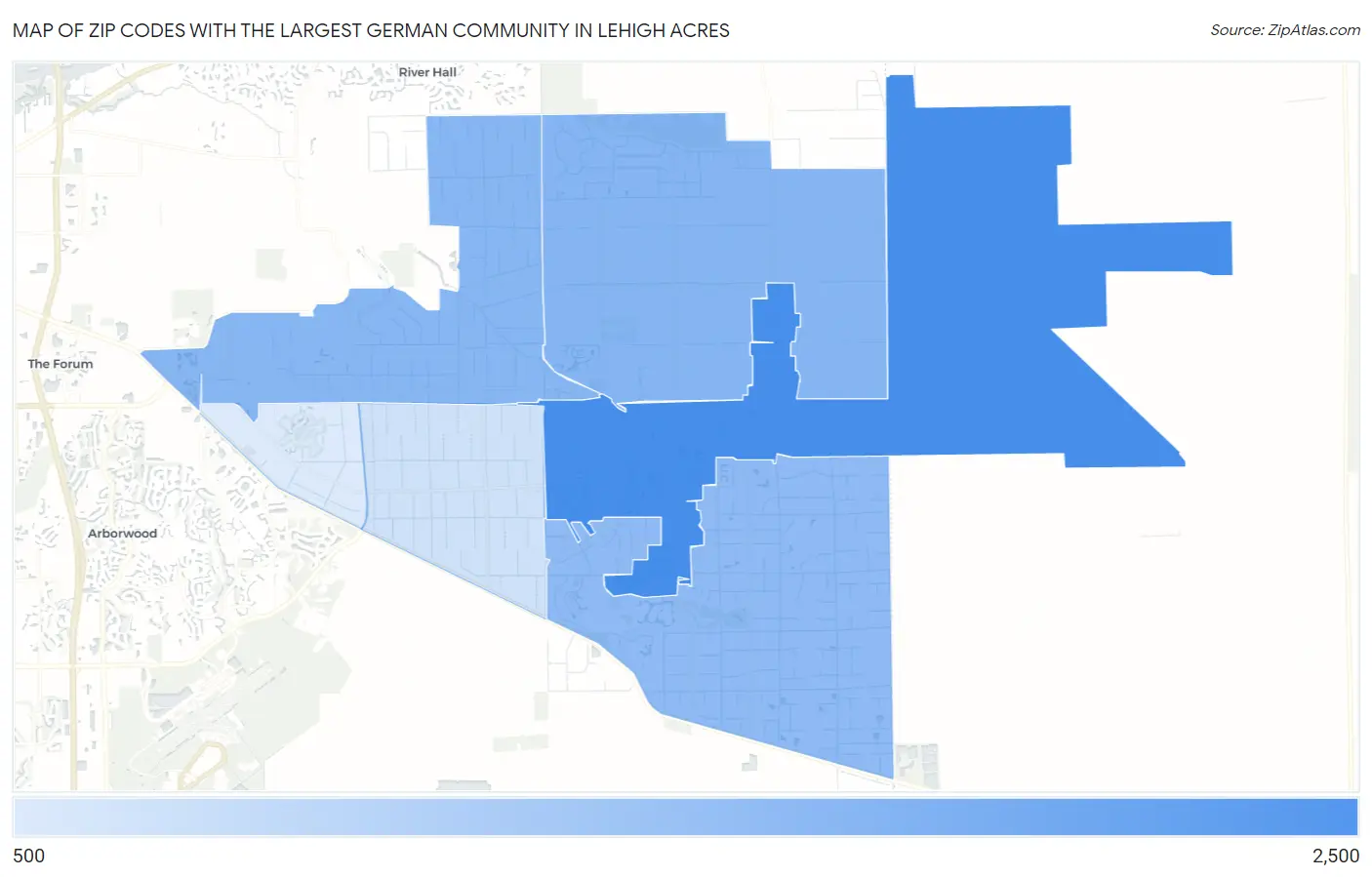Zip Codes with the Largest German Community in Lehigh Acres Map