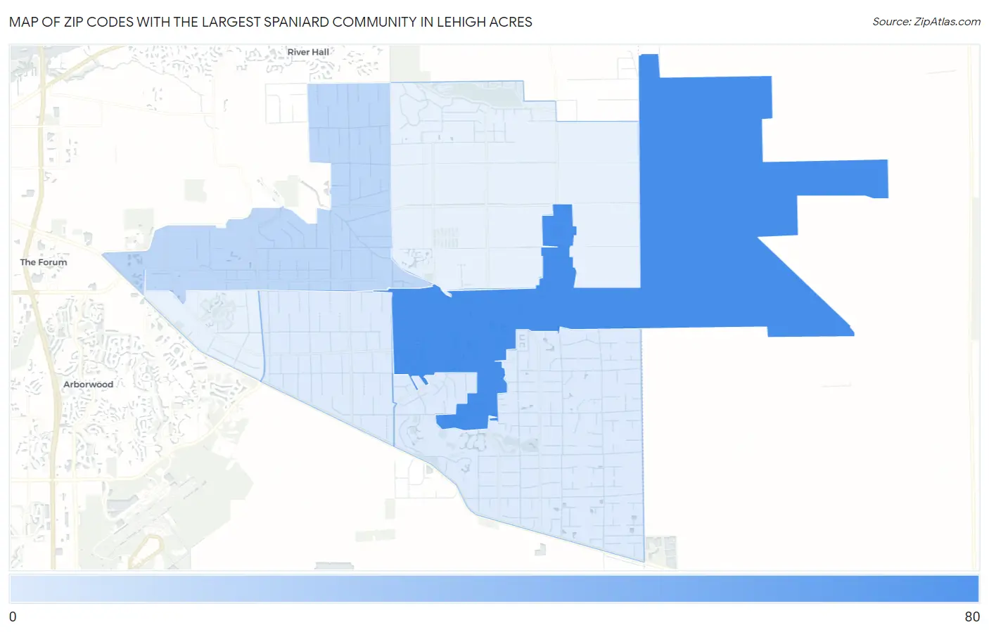Zip Codes with the Largest Spaniard Community in Lehigh Acres Map