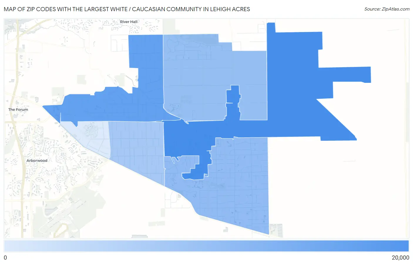 Zip Codes with the Largest White / Caucasian Community in Lehigh Acres Map