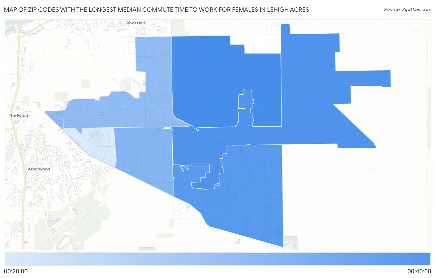 Zip Codes with the Longest Median Commute Time to Work for Females in Lehigh Acres Map
