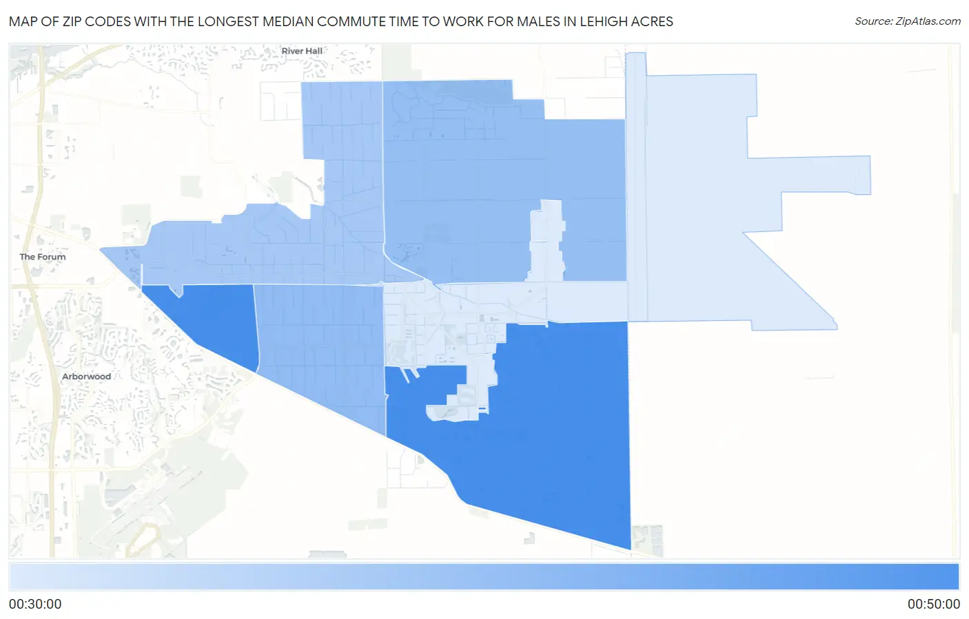 Zip Codes with the Longest Median Commute Time to Work for Males in Lehigh Acres Map