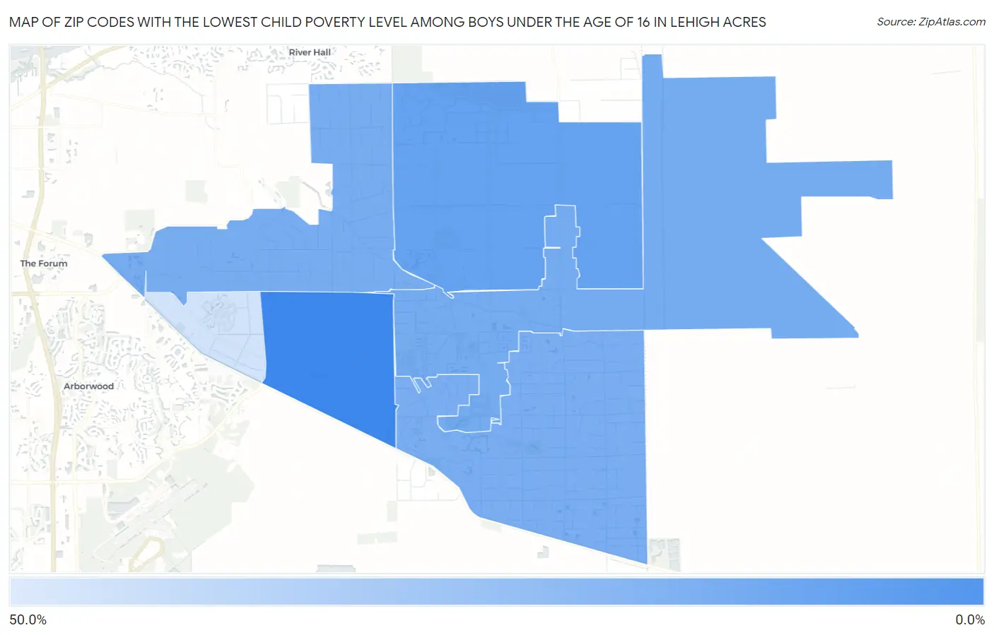 Zip Codes with the Lowest Child Poverty Level Among Boys Under the Age of 16 in Lehigh Acres Map