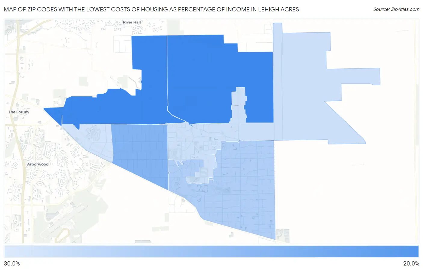 Zip Codes with the Lowest Costs of Housing as Percentage of Income in Lehigh Acres Map