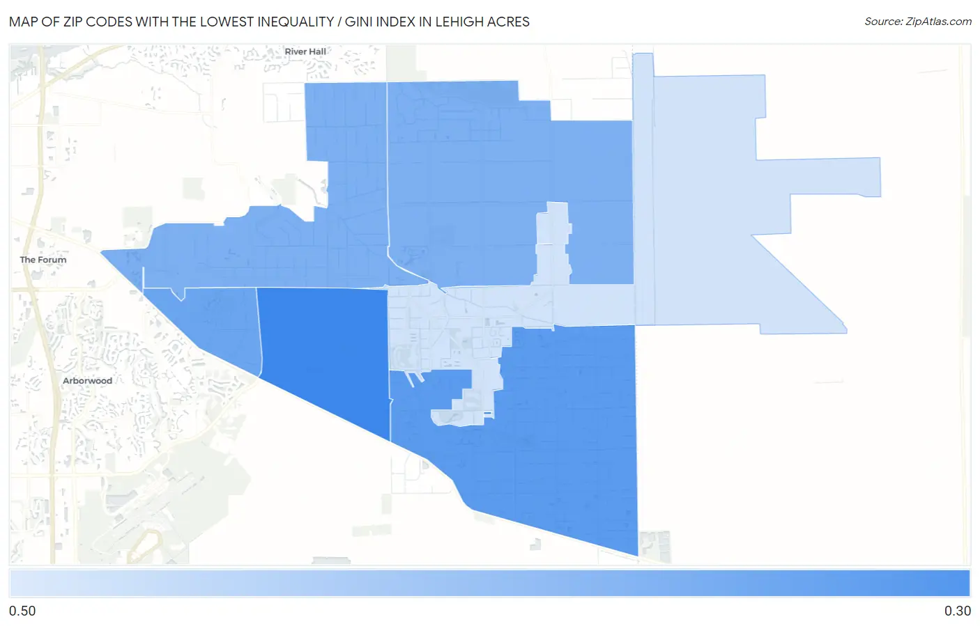 Zip Codes with the Lowest Inequality / Gini Index in Lehigh Acres Map