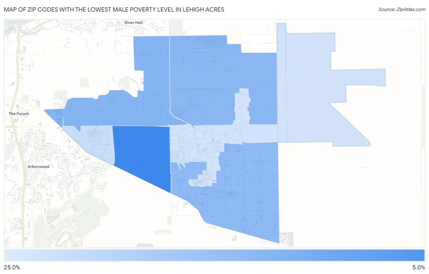 Zip Codes with the Lowest Male Poverty Level in Lehigh Acres Map
