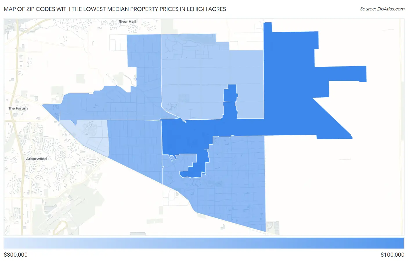 Zip Codes with the Lowest Median Property Prices in Lehigh Acres Map