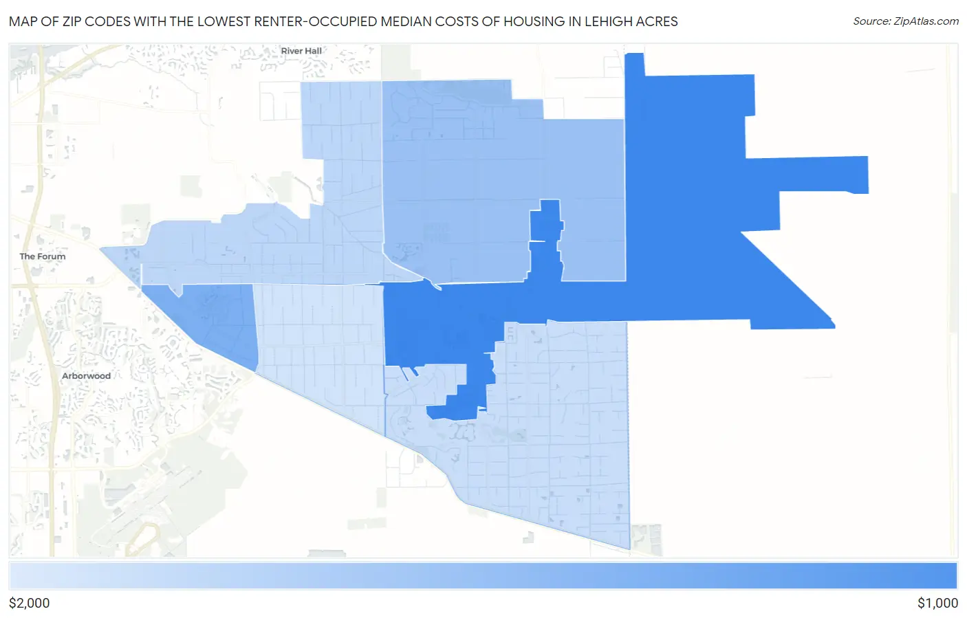 Zip Codes with the Lowest Renter-Occupied Median Costs of Housing in Lehigh Acres Map