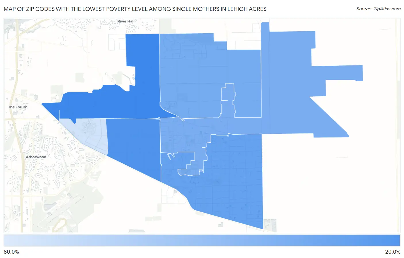 Zip Codes with the Lowest Poverty Level Among Single Mothers in Lehigh Acres Map