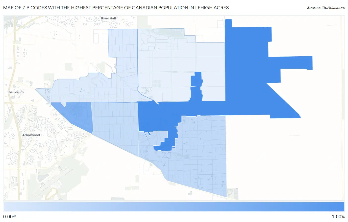 Zip Codes with the Highest Percentage of Canadian Population in Lehigh Acres Map