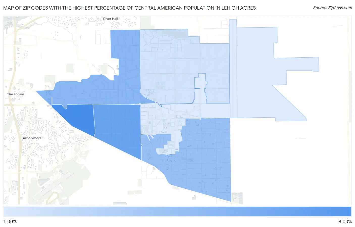 Zip Codes with the Highest Percentage of Central American Population in Lehigh Acres Map