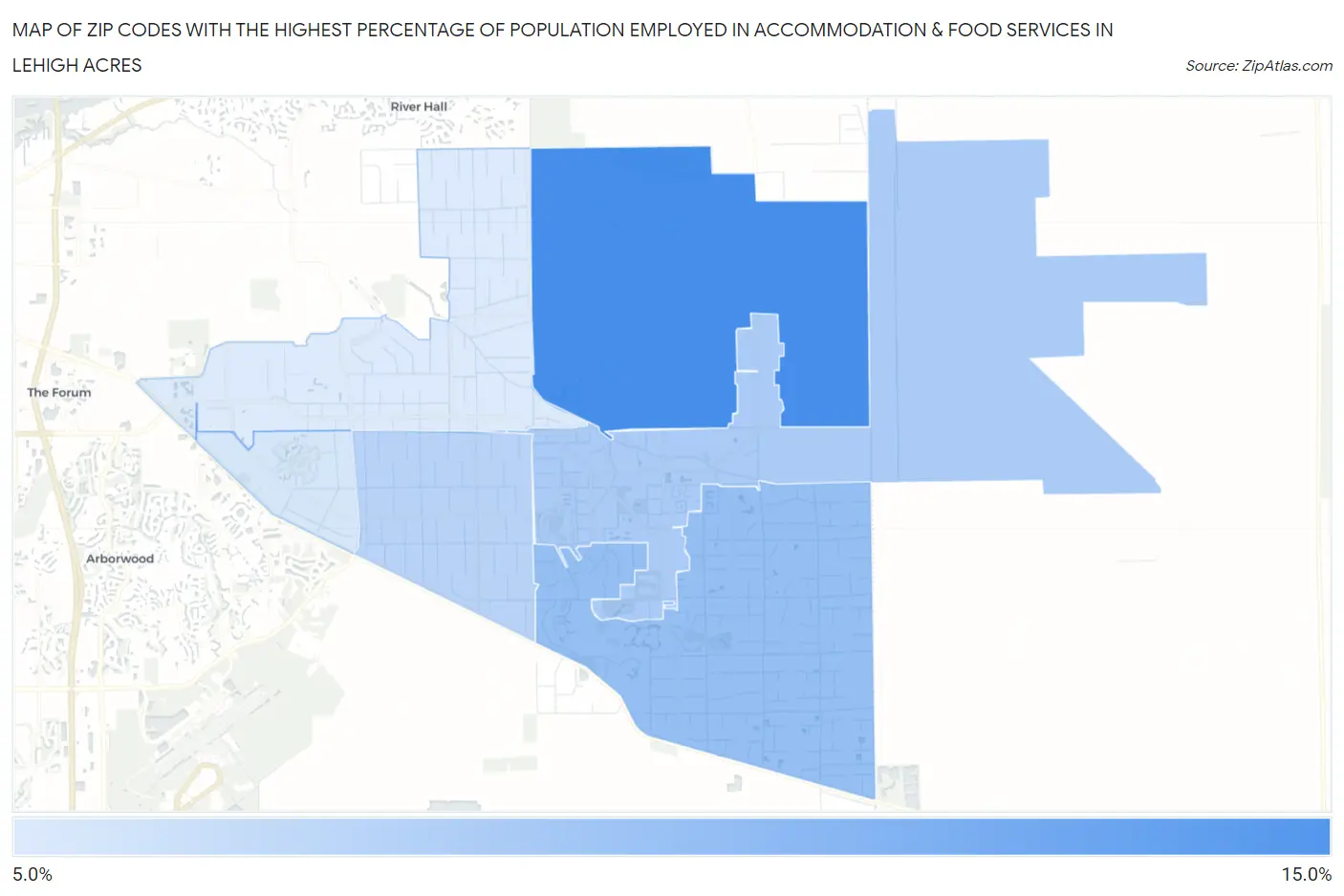Zip Codes with the Highest Percentage of Population Employed in Accommodation & Food Services in Lehigh Acres Map