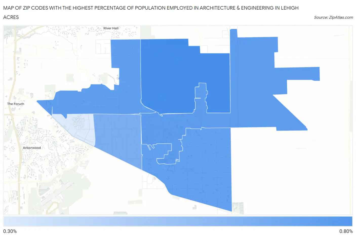 Zip Codes with the Highest Percentage of Population Employed in Architecture & Engineering in Lehigh Acres Map