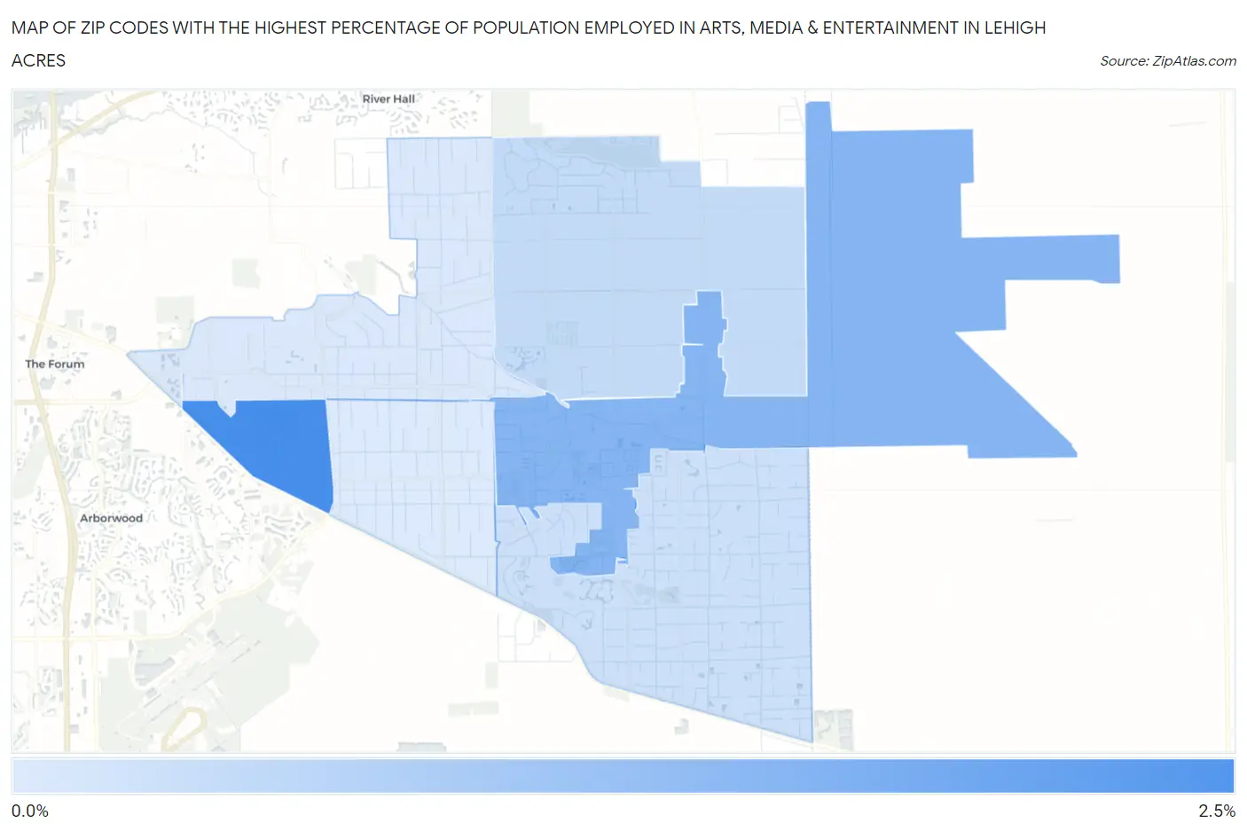 Zip Codes with the Highest Percentage of Population Employed in Arts, Media & Entertainment in Lehigh Acres Map