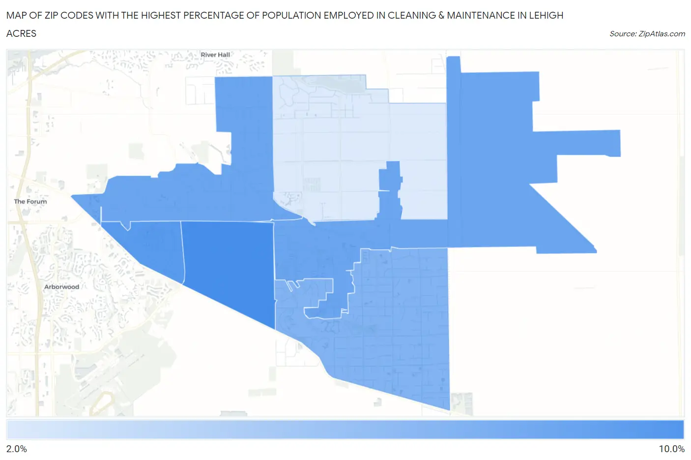 Zip Codes with the Highest Percentage of Population Employed in Cleaning & Maintenance in Lehigh Acres Map