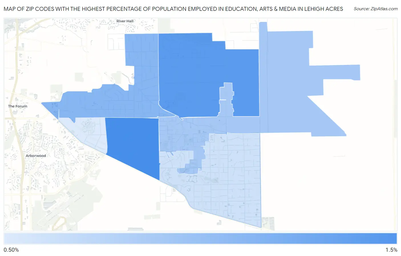 Zip Codes with the Highest Percentage of Population Employed in Education, Arts & Media in Lehigh Acres Map