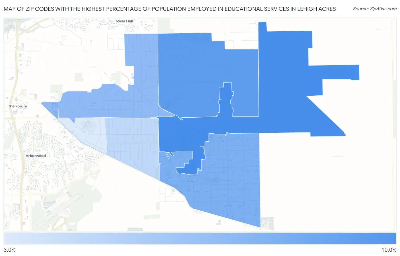 Zip Codes with the Highest Percentage of Population Employed in Educational Services in Lehigh Acres Map