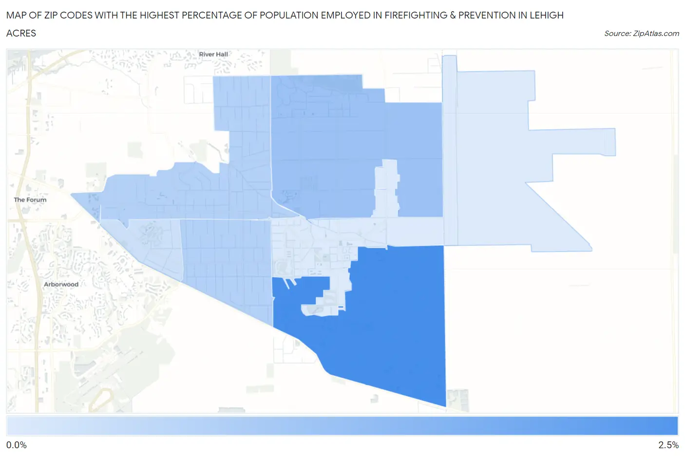 Zip Codes with the Highest Percentage of Population Employed in Firefighting & Prevention in Lehigh Acres Map