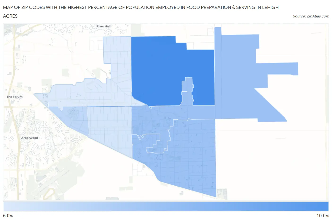 Zip Codes with the Highest Percentage of Population Employed in Food Preparation & Serving in Lehigh Acres Map