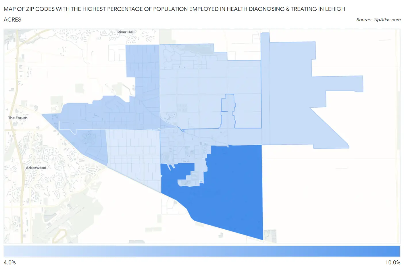 Zip Codes with the Highest Percentage of Population Employed in Health Diagnosing & Treating in Lehigh Acres Map