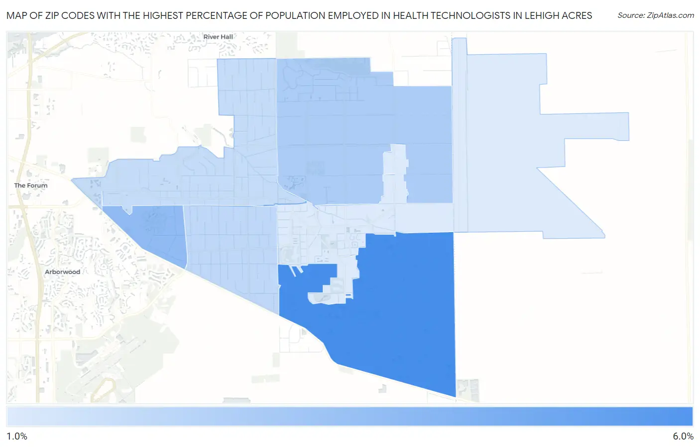 Zip Codes with the Highest Percentage of Population Employed in Health Technologists in Lehigh Acres Map