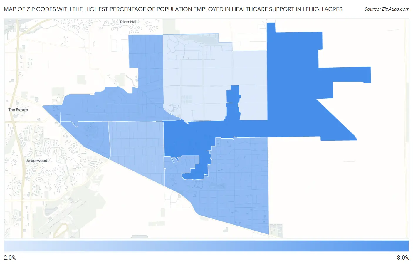 Zip Codes with the Highest Percentage of Population Employed in Healthcare Support in Lehigh Acres Map