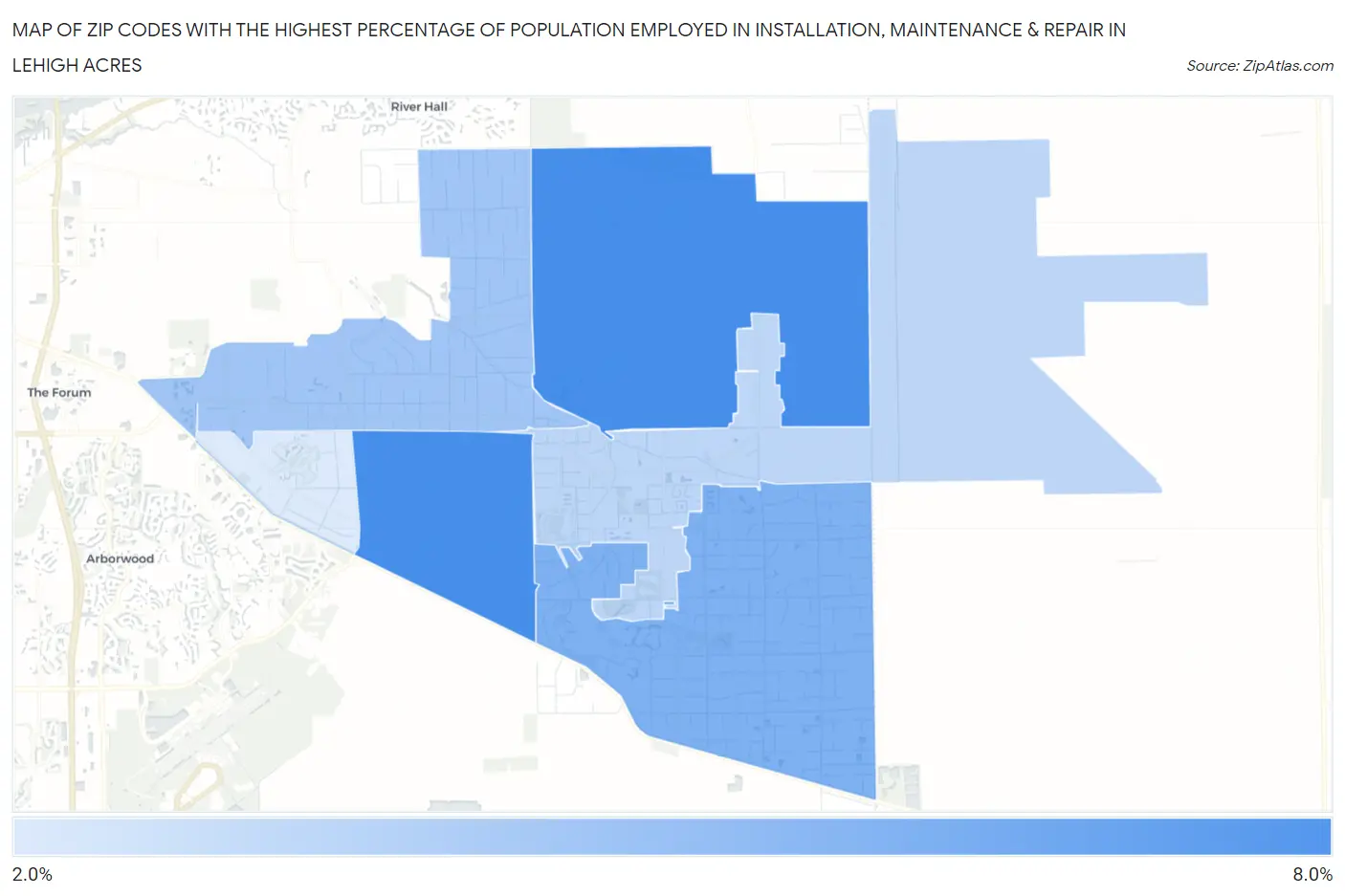 Zip Codes with the Highest Percentage of Population Employed in Installation, Maintenance & Repair in Lehigh Acres Map