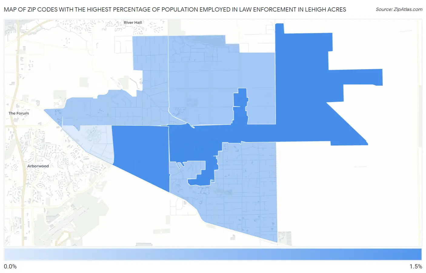 Zip Codes with the Highest Percentage of Population Employed in Law Enforcement in Lehigh Acres Map