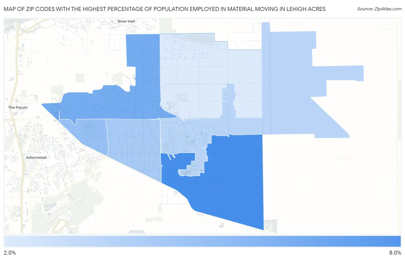 Zip Codes with the Highest Percentage of Population Employed in Material Moving in Lehigh Acres Map