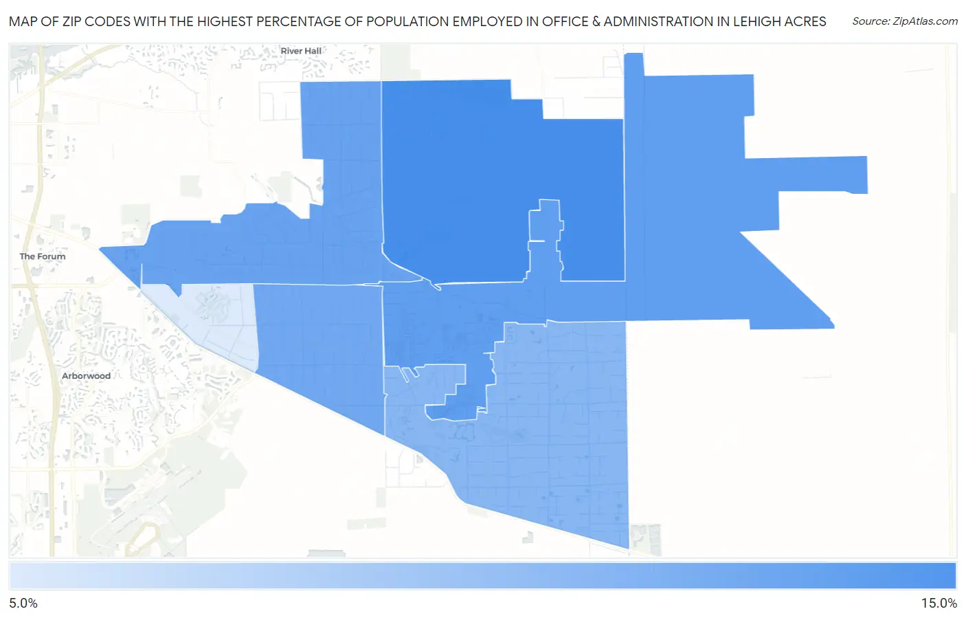 Zip Codes with the Highest Percentage of Population Employed in Office & Administration in Lehigh Acres Map