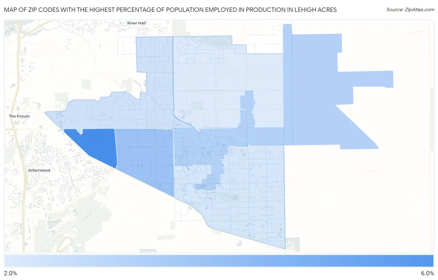 Zip Codes with the Highest Percentage of Population Employed in Production in Lehigh Acres Map