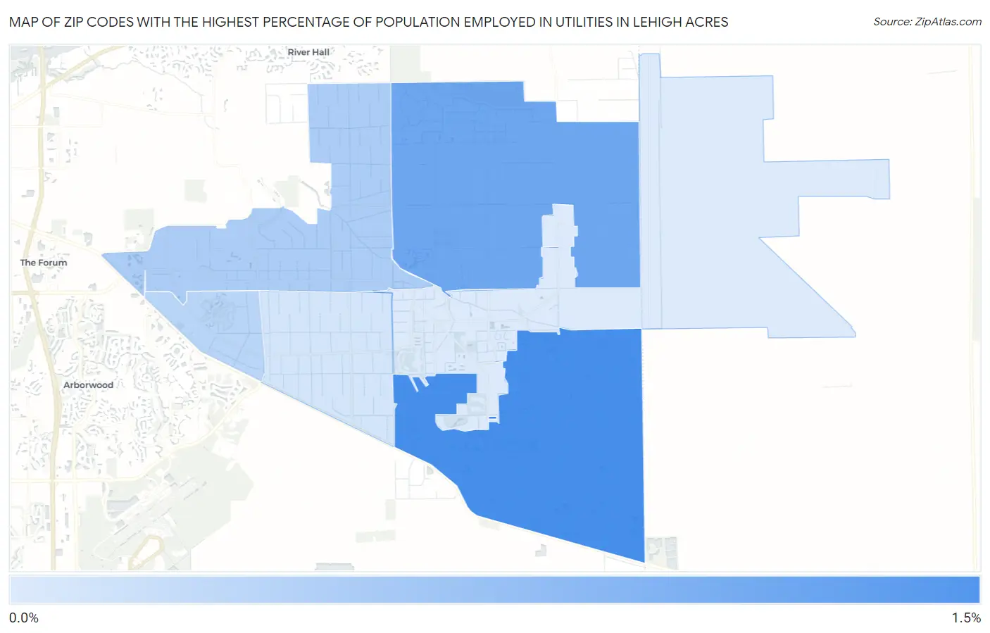 Zip Codes with the Highest Percentage of Population Employed in Utilities in Lehigh Acres Map