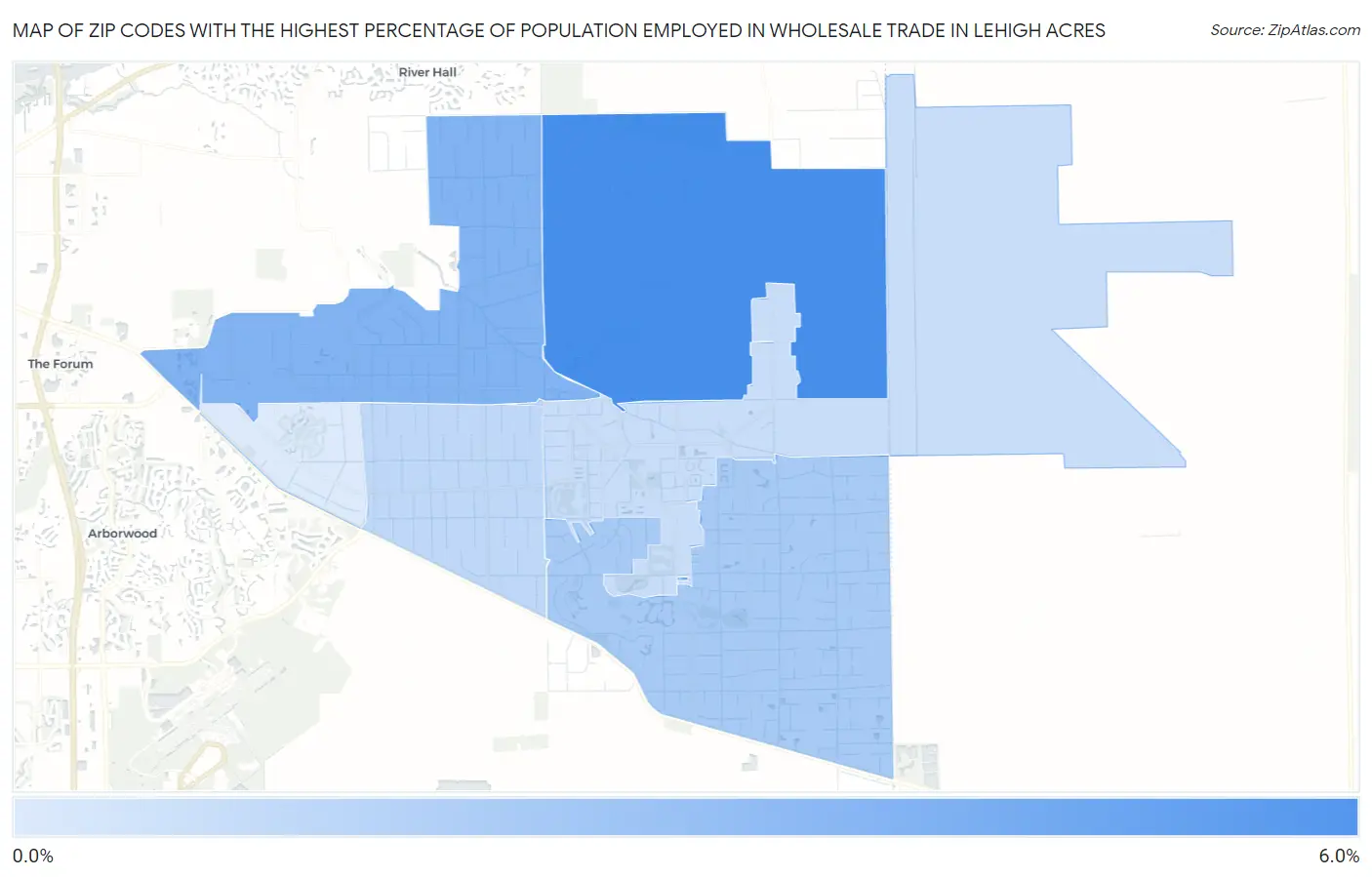 Zip Codes with the Highest Percentage of Population Employed in Wholesale Trade in Lehigh Acres Map