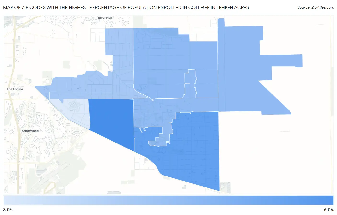 Zip Codes with the Highest Percentage of Population Enrolled in College in Lehigh Acres Map