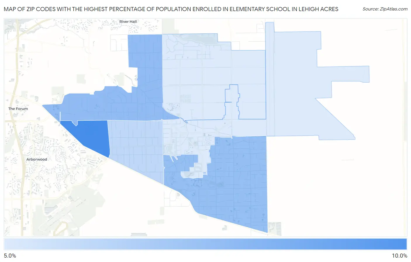 Zip Codes with the Highest Percentage of Population Enrolled in Elementary School in Lehigh Acres Map