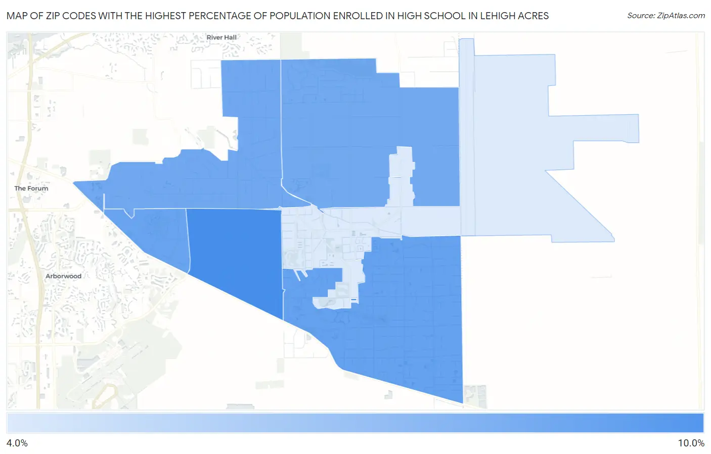 Zip Codes with the Highest Percentage of Population Enrolled in High School in Lehigh Acres Map