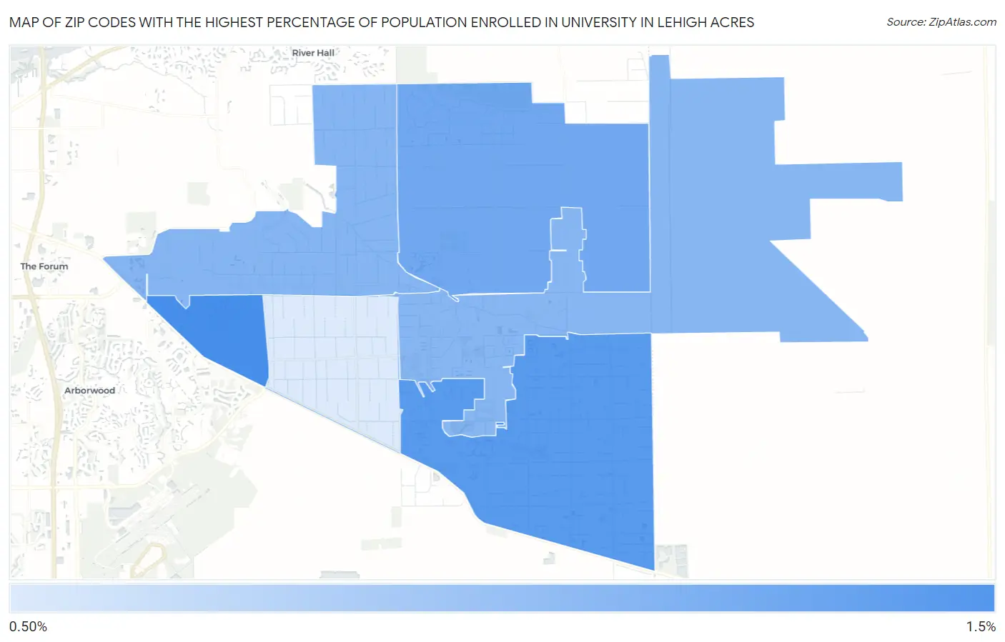 Zip Codes with the Highest Percentage of Population Enrolled in University in Lehigh Acres Map