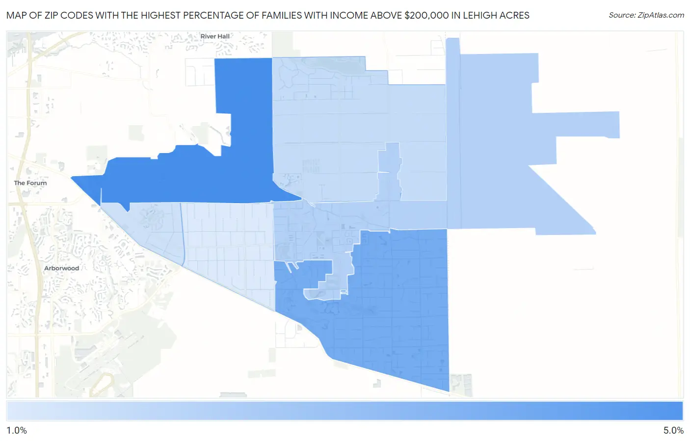 Zip Codes with the Highest Percentage of Families with Income Above $200,000 in Lehigh Acres Map