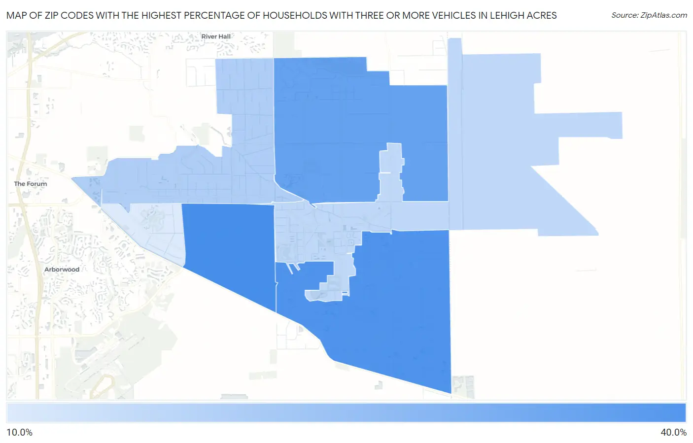 Zip Codes with the Highest Percentage of Households With Three or more Vehicles in Lehigh Acres Map
