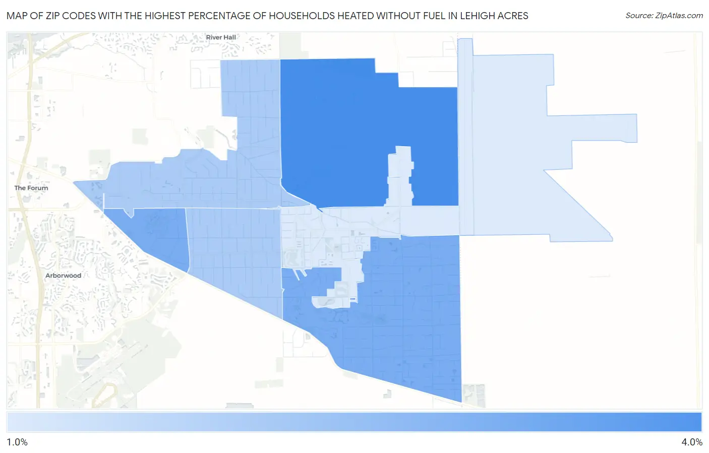 Zip Codes with the Highest Percentage of Households Heated without Fuel in Lehigh Acres Map